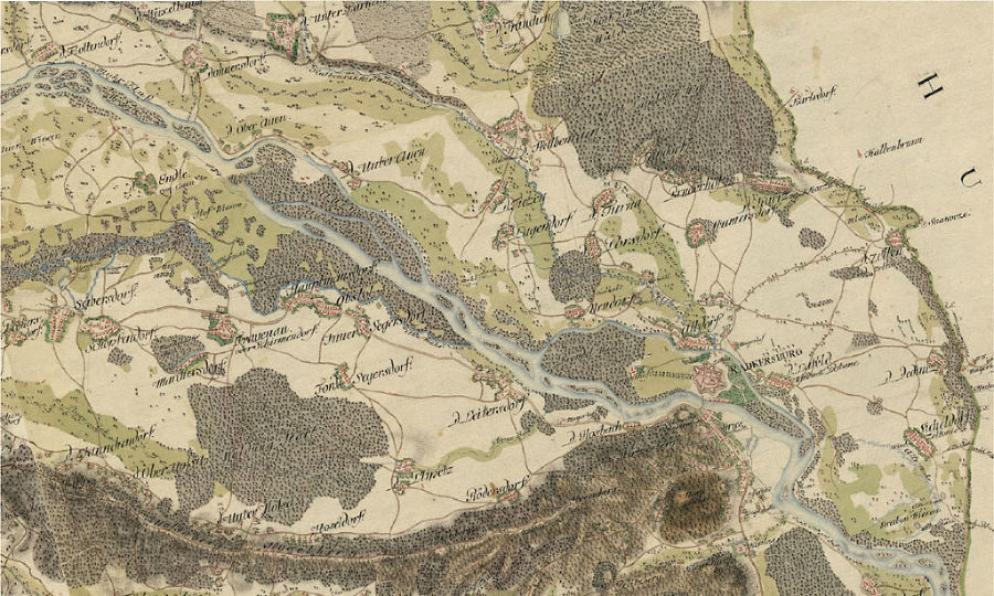 Verzweigter Murverlauf bei Radkersburg (Josephinische Landesaufnahme 1780) Verzweigter Murverlauf bei Radkersburg (Josephinische Landesaufnahme 1780)